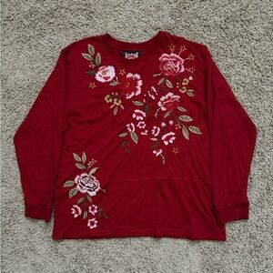 JOHNNY WAS Red Embroidered Relaxed Long Sleeve Breathable Cotton Tee Sz Large
